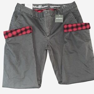 NWT Eddie Bauer Flannel Lined Khaki Pants Relaxed Chino Gray Buffalo Plaid Sz 14